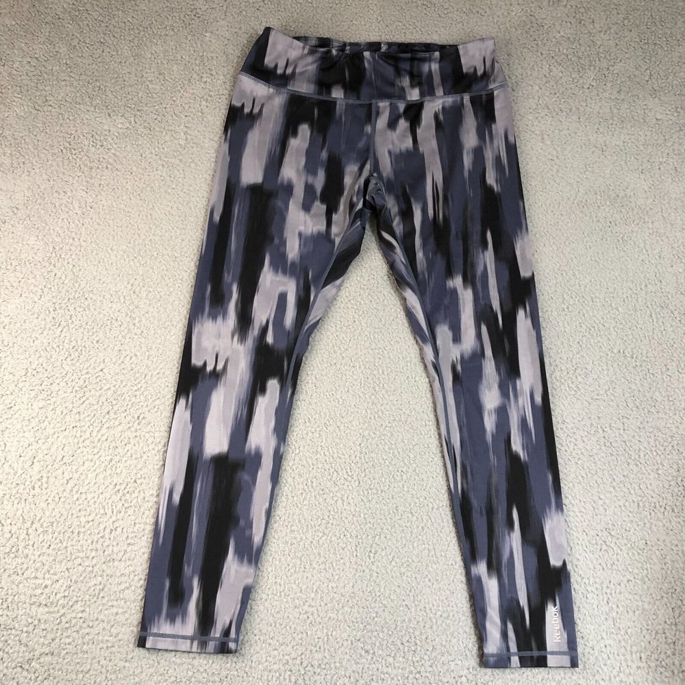 Reebok Leggings Womens Large Gray Blue Stretch Skinny Leg Yoga Workout‎ Gym Logo